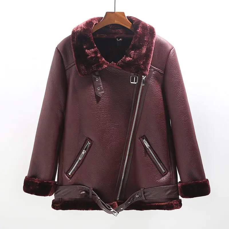 wine red BF Стильная утепленная куртка из искусственной кожи для женщин Chaqueta Mujer зимнее пальто женская черная теплая мотоциклетная куртка женская верхняя одежда C5155 - Цвет: wine red