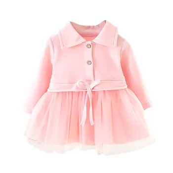 

Girls Princess Dress Long Sleeve Solid Lapel Splicing Mesh Button Button Dress холодное сердце