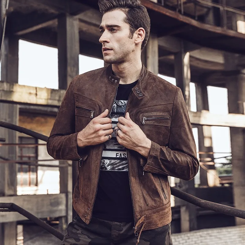 High Quality Mens Natural Pigskin Jacket Stand Collar Windproof Biker Genuine Leather Jacket Slim Fit Brown Short Coat Plus Size