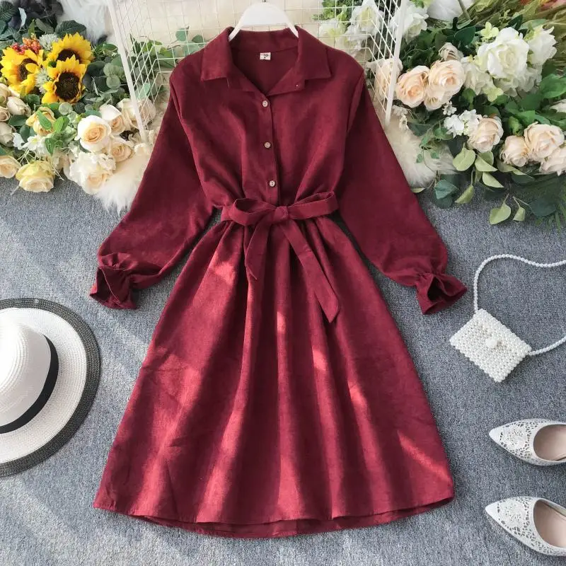 

2019 Autumn Retro Dress Women Stand Collar Lanter Sleeve High Waist Long Dresses Korean All-match Sweet Office Lady Dress Female