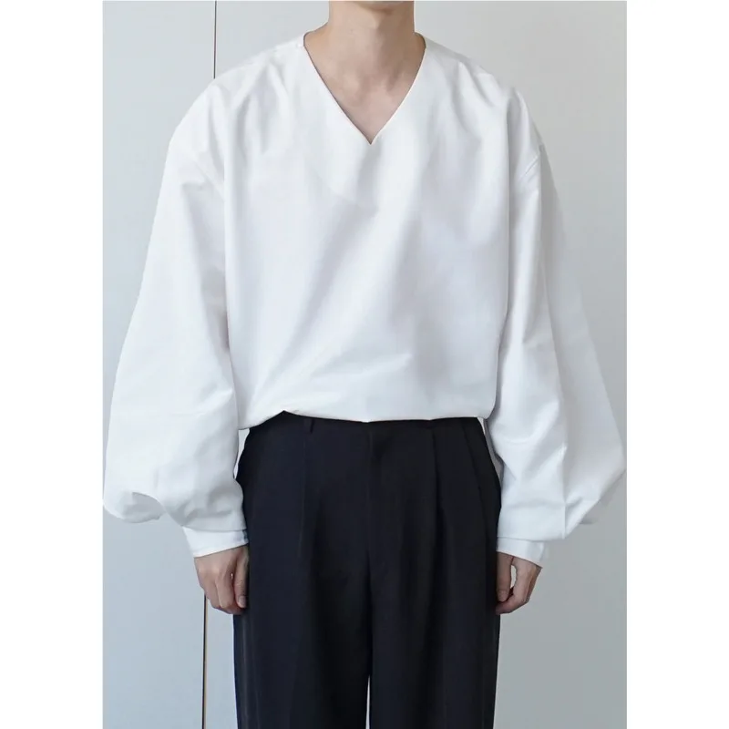 

Korean V-neck Pullover Shirt Men's Fashion Dress Shirt Mens Business Casual White Shirt Men Streetwear Loose Long-sleeved Shirt