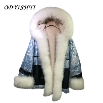 

2020 New Women Hooded Parka Winter Mid Length Loose Thick Wool Liner Jacket Real Fox Fur Collar Print Fashion Denim Coat Ladies