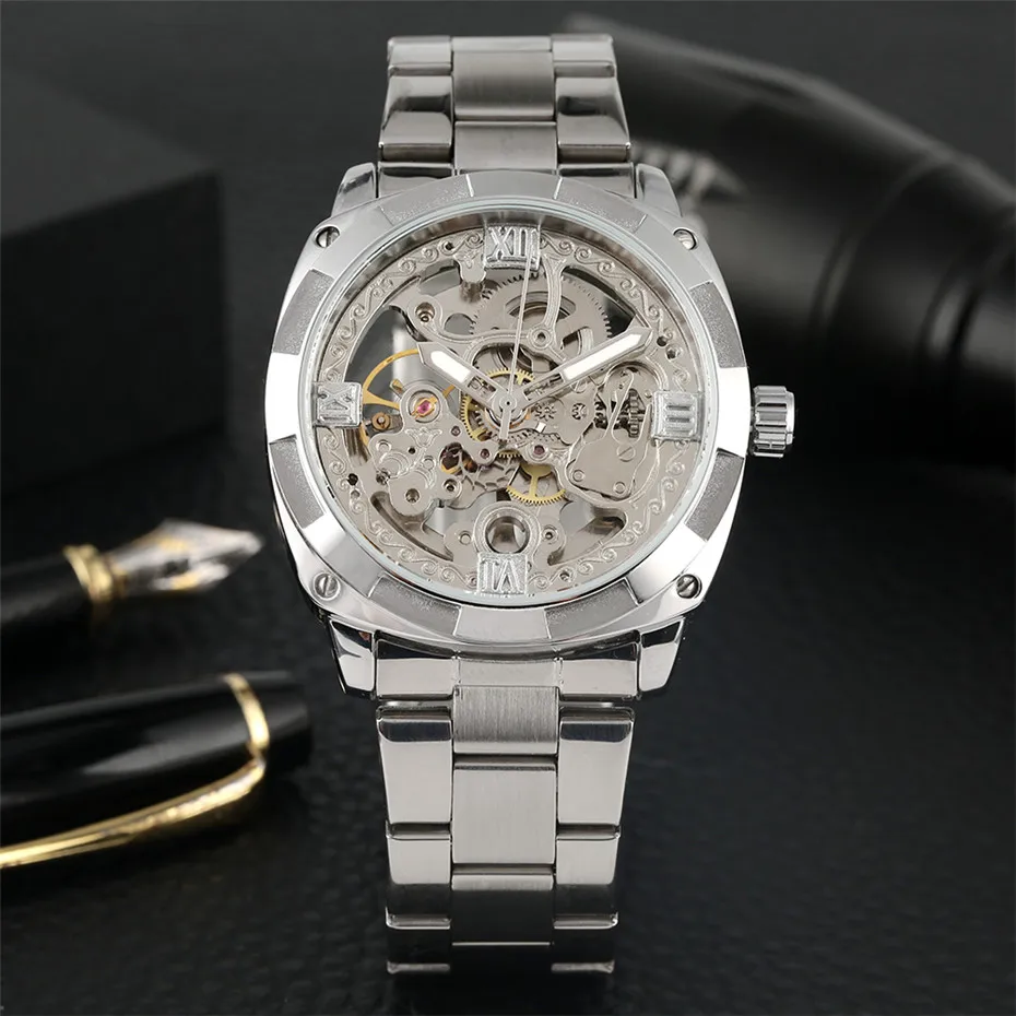 

Luxury Mechanical Watch Men Silver/Black/Gold Stainless Steel Watch Case Self Winding Business Mens Watches Automatic Wristwatch