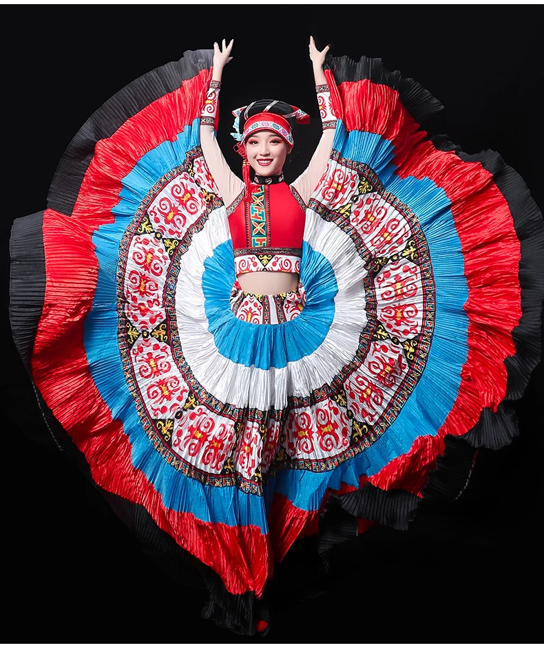 Классический элегантный Yi Национальный костюм женский Liangshan полный комплект Юньнань танец меньшинств шоу платье красочный факел фестиваль