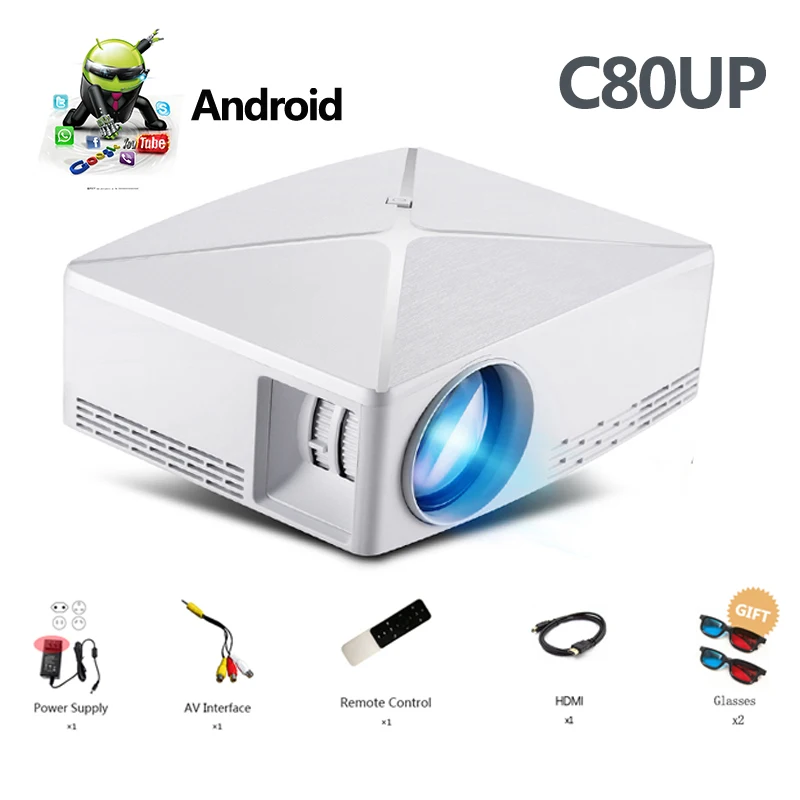 Real tv C80/C80UP HD мини-проектор Android wifi проектор LED Портативный HD мультимедийный проектор USB VGA AV HDMI с подарком - Цвет: C80UP-White