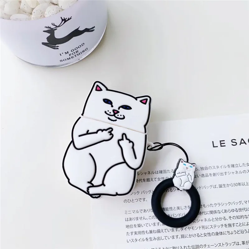 3D чехол с рисунком "Despise Cat" для AirPods 2, милый силиконовый чехол с Bluetooth, защитный чехол для наушников для Airpods, кольцевой ремешок для пальцев - Цвет: Белый