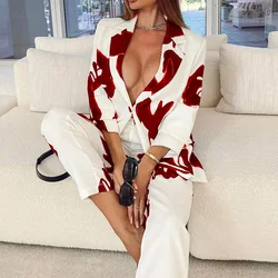 Blazer feminino e calça define duas peças ol único botão jaqueta formal terno outono inverno nova gola entalhada impressão outfits
