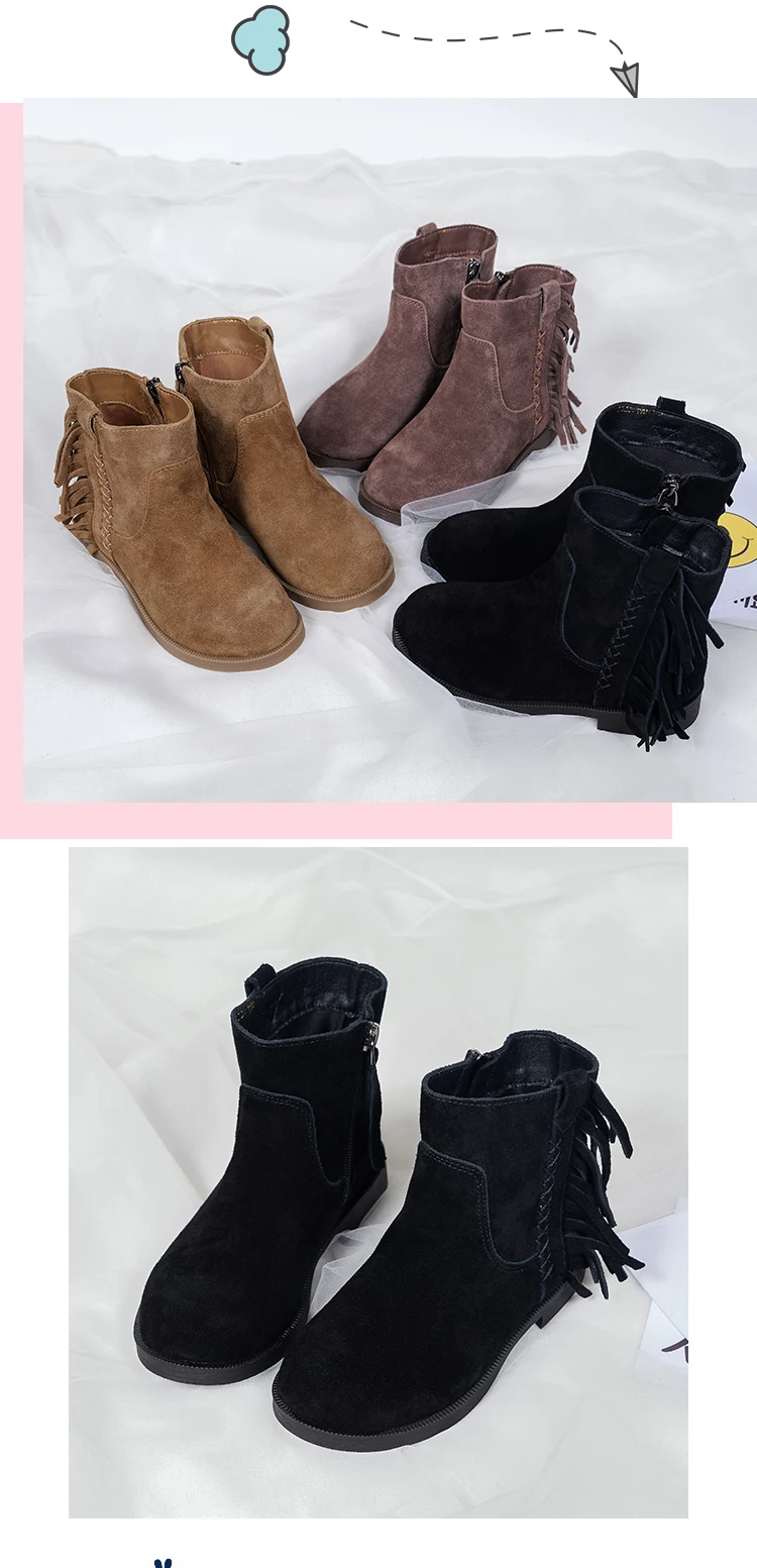 Девочек Ботинки Осень/Зима Девочки Сапоги "Принцесса" детская одежда с бахромой; женская обувь; модные женские ботинки теплая обувь