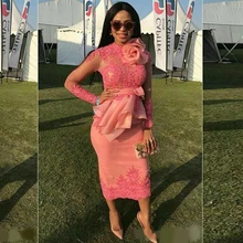 Дешевые африканские коктейльные платья Длинные рукава Кружева Аппликации Короткие чай Длина Лук Цветы Вечерние Выпускные платья Формальные