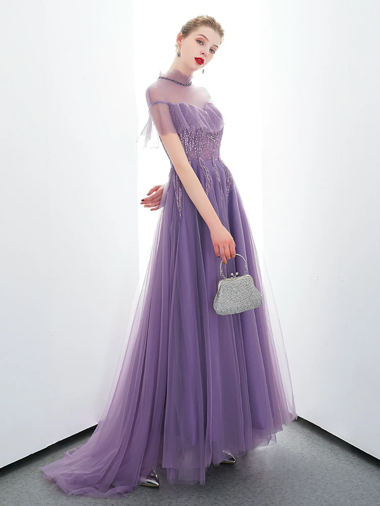 SSYFashion Новое Фиолетовое длинное вечернее платье, для банкета элегантная женская обувь на высоких каблуках с круглым вырезом развертки поезд с аппликацией из блесток Формальное вечернее платье Vestido De Noche