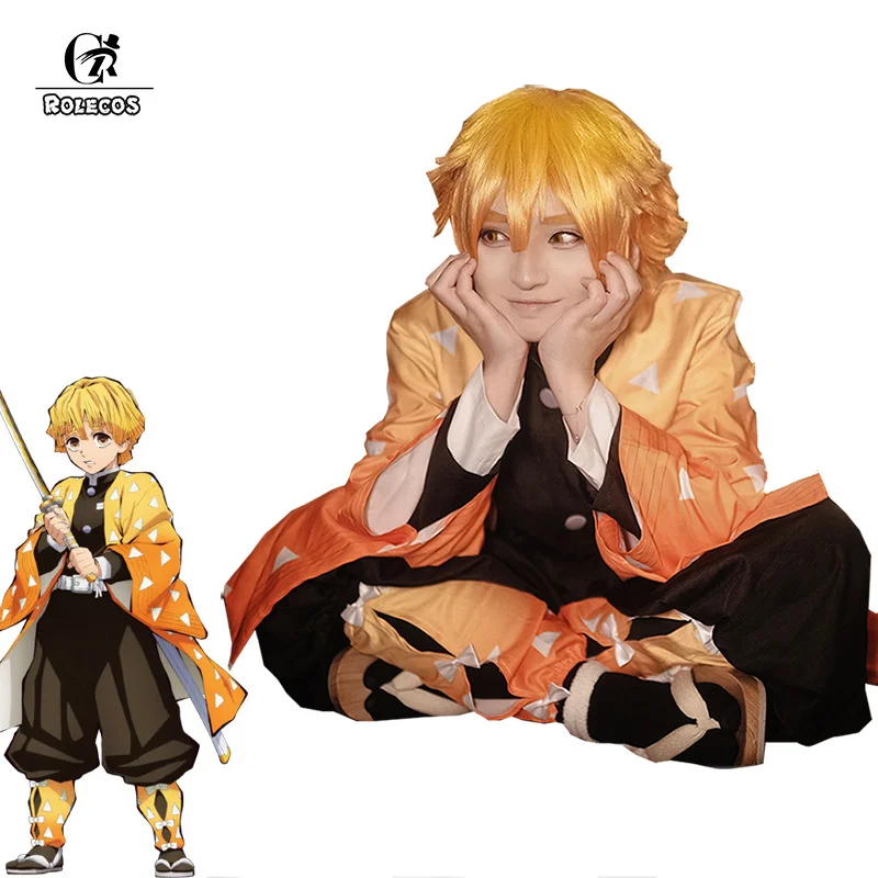 

ROLECOS Anime Demon Slayer Cosplay Costume Agatsuma Zenitsu Kimetsu no Yaiba Cosplay Costume Men Kimono Yellow Uniform Full Set