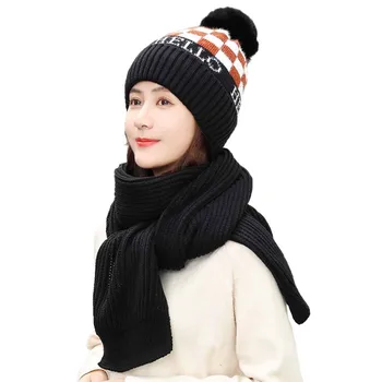 

2pcs Fashion Women Winter Windproof Warm Thermal Hat Knitted Skullies Beanies Skiing Cap And Scarf Set