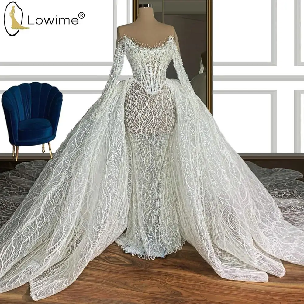 

2020 Dubai Mermaid Long Sleeve Lace Wedding Dresses with Overskirts Illusion O Neck Pearls See Through Court Train Bridal Gowns