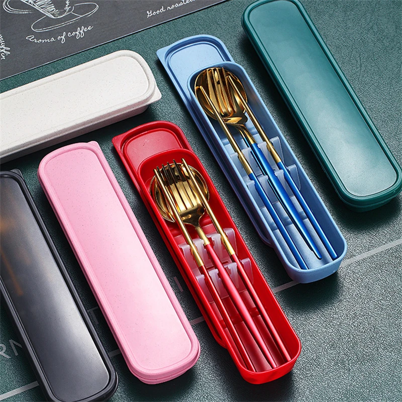 

Spoon Fork Chopsticks Set 3PCS/Set Cutlery Dinnerware With Box Holder 304 Stainless Steel Travel Tableware Kitchen Accessories