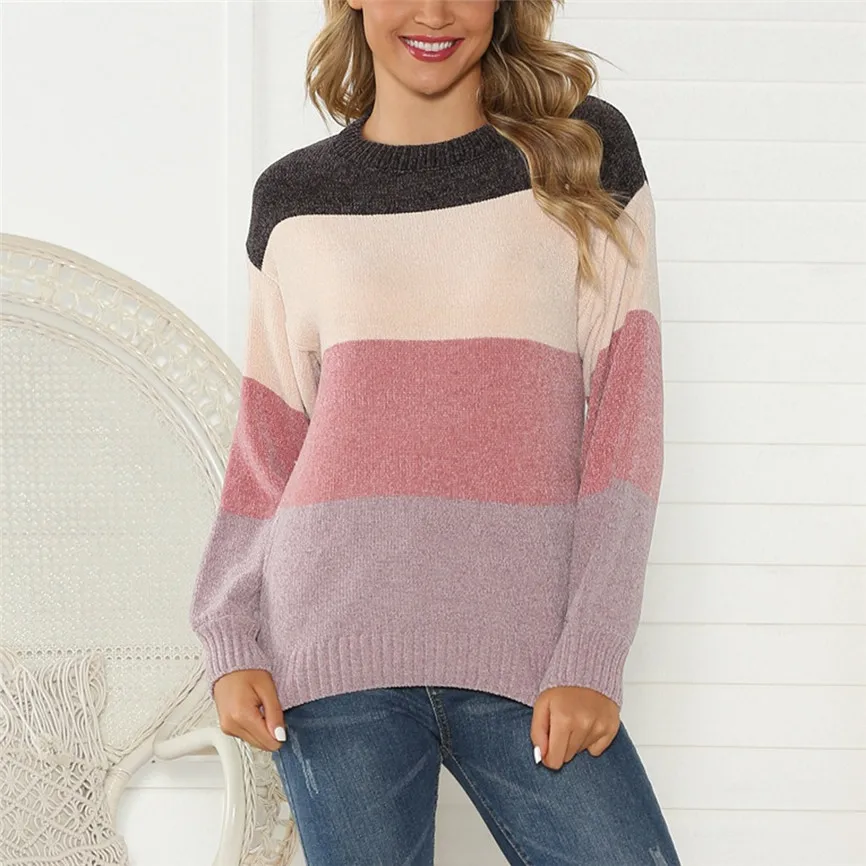 Women Harajuku Striped Sweater Casual O-Neck Pullover Patchwork long Sleeve Knitted Loose Tops Korean oversized sweater | Женская одежда