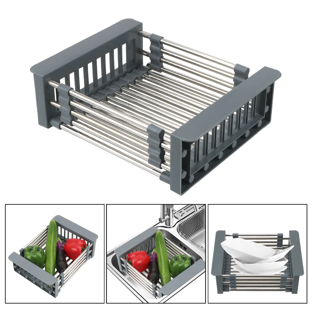 Adjustable Sink Dish Drainers Drain Basket Kitchen Organizer Stainless Steel Drying Rack Telescopic Storage | Дом и сад