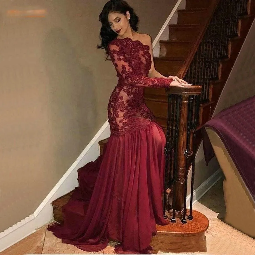 Burgundy One Shoulder Prom Dresses Long Sleeve Sexy Lace Appliqued Chiffon Prom Dress Mermaid Evening Party Formal prom Gown