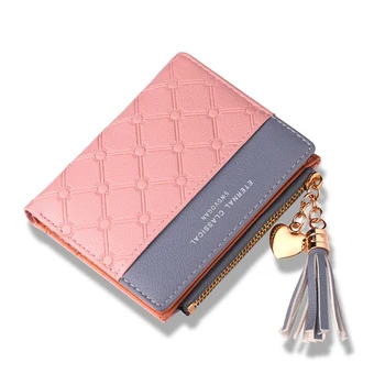 

Tassel PU Leather Wallet Women Stitching Color Short Wallet Tassel Zipper Card Mini Female Wallet Women's Short Zipper Purse New