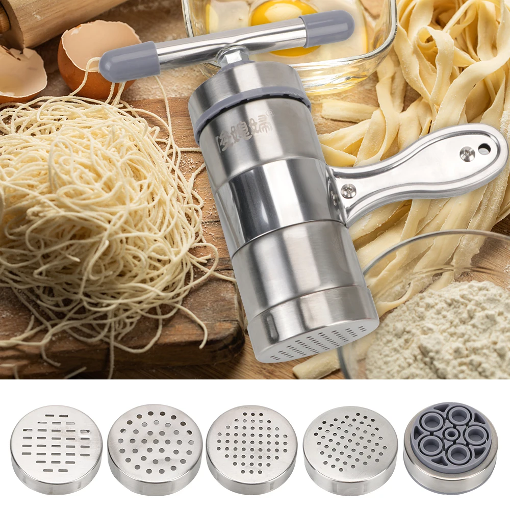 Kitchen Supplies Stainless Steel Making Spaghetti Press Pasta Machine With 5 Pressing Moulds Fruits Juicer Manual Noodle Maker