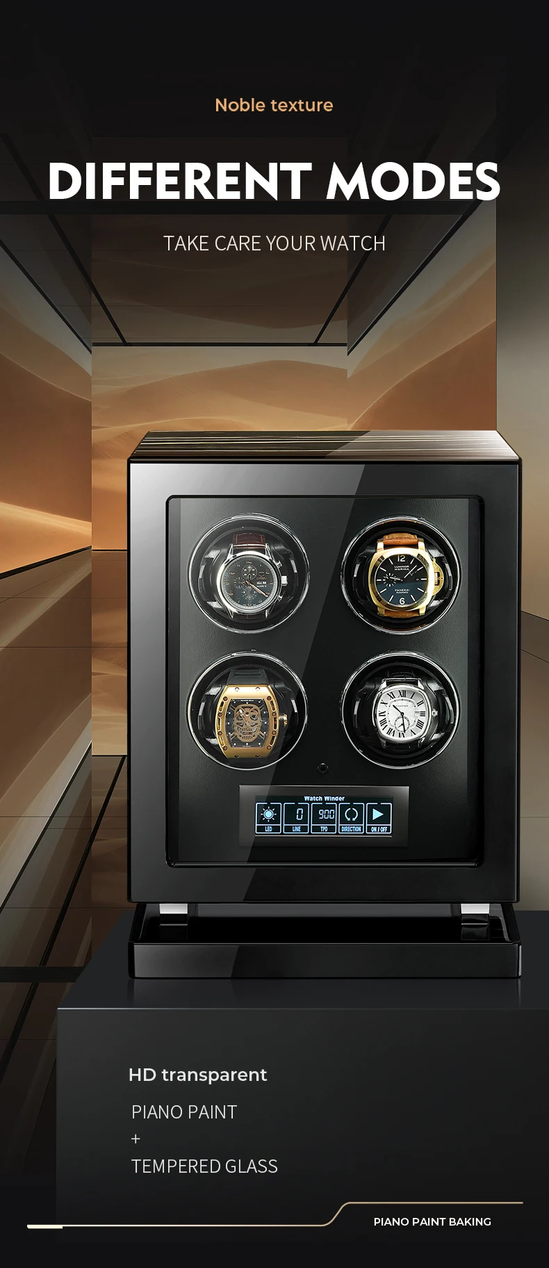 Luxury 4-Slot Automatic Watch Winder with Fingerprint Unlock, Touchscreen Control, Inte... - SKU LAWW1600 - UGI Packaging