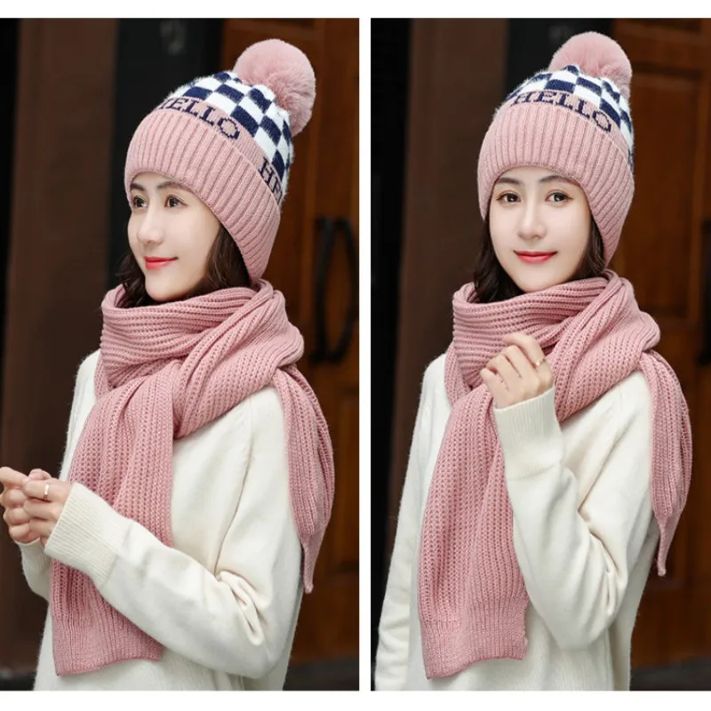 New Scarf Hat Winter Korean Version Of The Tide Ladies Collar Plus Velvet Thick Knit Hat Cycling Warm Winter Wool Cap