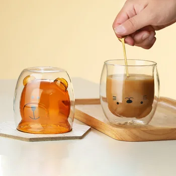 

Creative Cute Bear Coffee Cup Double-layer Tea Cups Thermos Mug Glass Cup Carton Animal Milk Cute Christmas Gift Cup for coffee