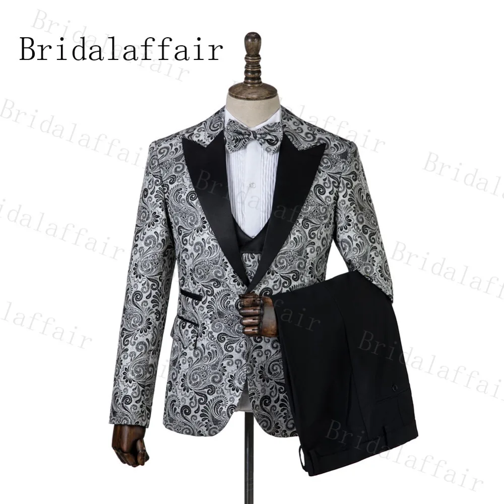 Bridalaffair изготовленный на заказ комплект из 3 предметов Для мужчин костюмы Щепка серый жаккард Slim Fit Нарядные Костюмы для свадьбы комплект со смокингом жениха для свадьбы(пиджак+ брюки+ жилет