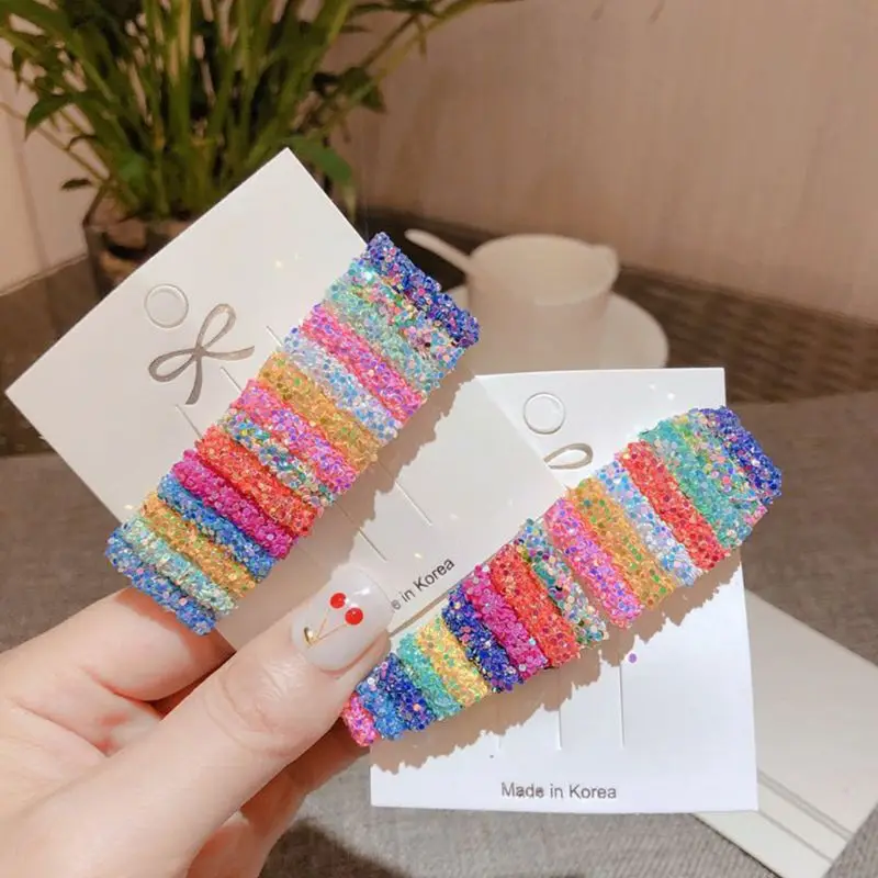

2Pcs/Set Women Rave Rainbow Candy Colored Stripes Hair Clip Glitter Sequins BB Hairgrip Geometric Rectangle Water Drop Barrettes