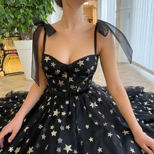 

2021 New Sparkle Gold Starry Tulle Black Prom Dresses Straps Fitted Boning Velour Belt Ankle Length Evening Party Gowns