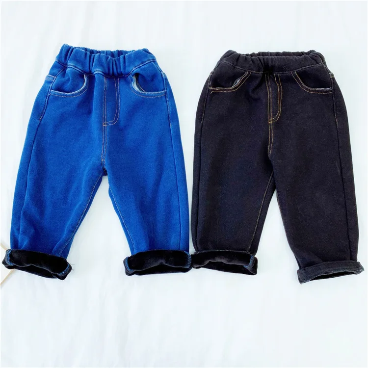 Baby Brushed And Thick Knit High-waisted Bellyband Imitation Jeans Big Pp Pants