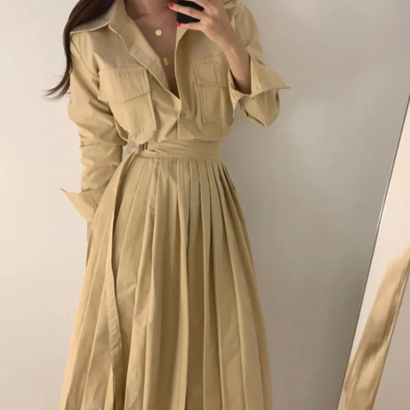 [EWQ] 2020 Summer New Sweet Long Sleeve Khaki Dress Women Elegant Robe Double Pocket Pleated Lace High Waist Dresses QV166 | Женская