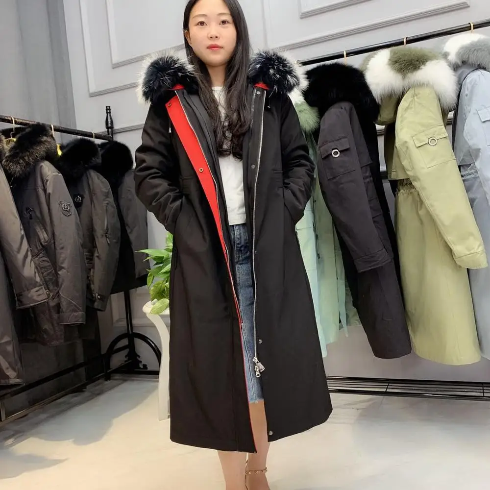 

New Parker rex rabbit fur liner fur overcoat Long section coat super large raccoon fur collar trench coat，liner and fur collar
