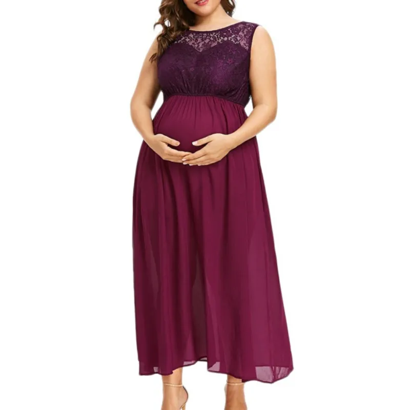 

Large Size Pregnant Dress Women O-Neck Sleeveless Lace Stitching Chiffon Purple Dress