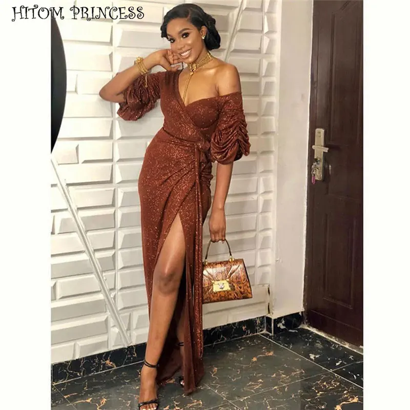 HITOM PRINCESS Sexy Women's Maxi Dresses Puff Sleeve Glitter Split Long Dress Deep V-neck Elegant Evening Party Female | Женская