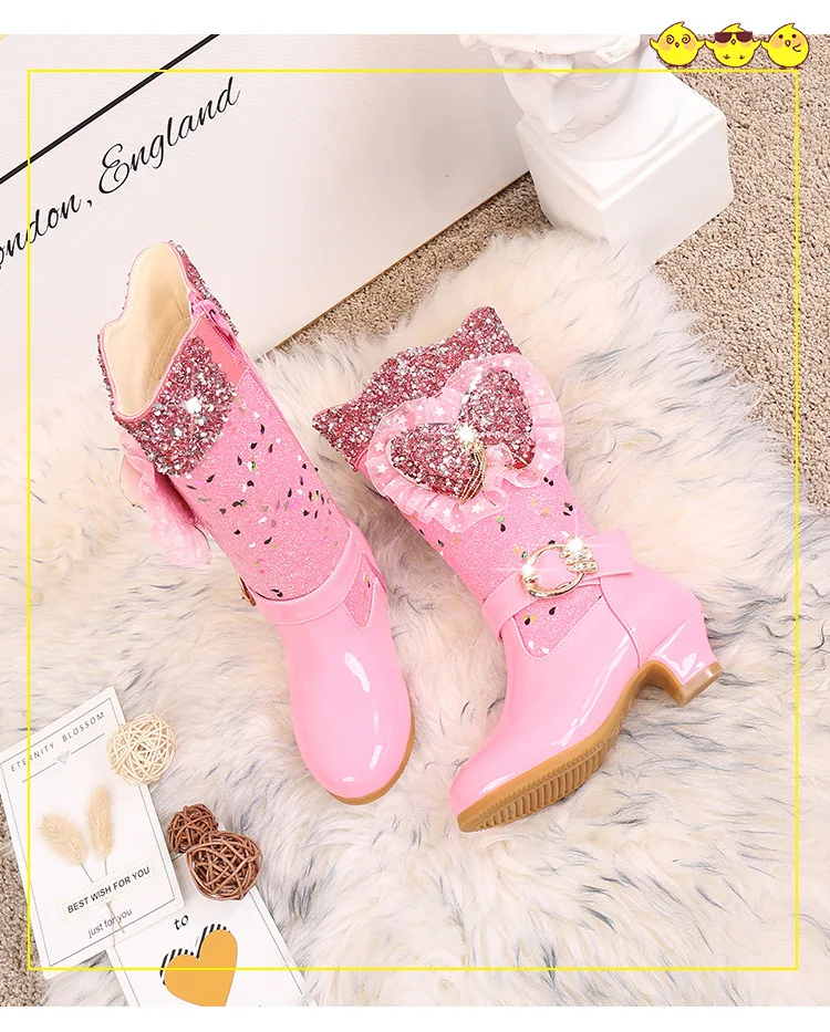 Girls High Heel Boots Plus Velvet High Boots Children's Princess Boots Winter New Fashion Lace Sequin Leather Kids Shoes