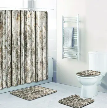 

4Pcs/Set Print Shower Custain Bath Toilet Set Waterproof Fabric Bathroom Mats Rugs with Hooks Marble Pattern