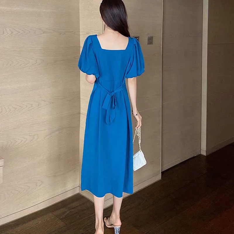 Elegant Party Ladies Dress Summer Fashion Square Collar Puff Sleeve Waist Midi Dress Women Korean Retro Chic Office Dresses 2020