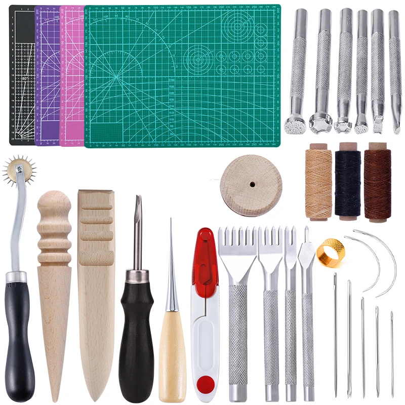 Imzay A4 Cutting Mat Leather Tools Accessories Set With Leather Punch Tool Sewing Needles Waxed