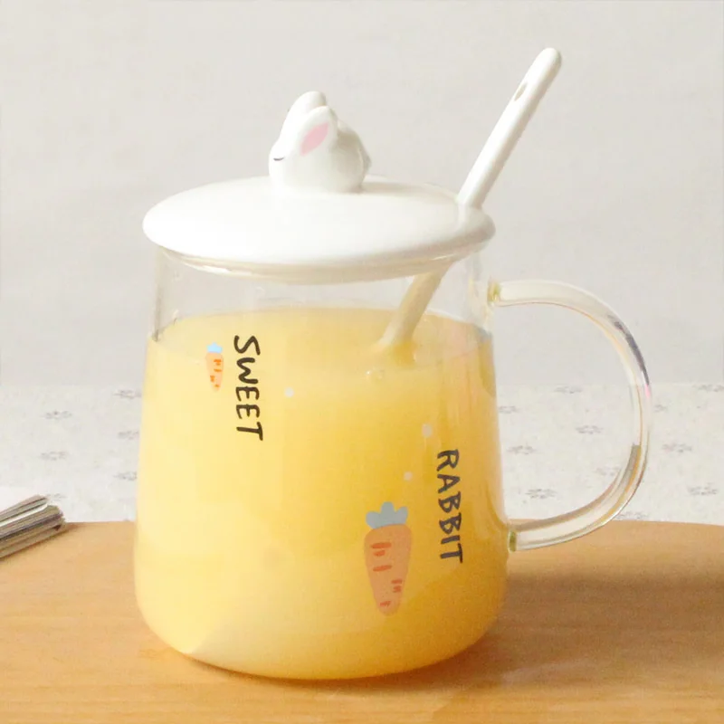 2 Yellow radish Милый кролик стеклянная чашка термостойкая кофейная кружка с керамической крышкой и ложкой домашняя чашка для молока, сока креативные питьевые стеклянные es 470 мл подарки - Цвет: 2 Yellow radish