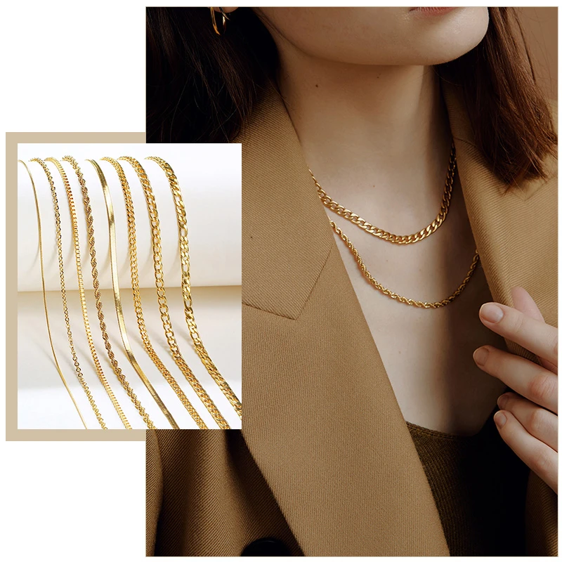Choker Necklaces Jewelry Snake-Box Figaro-Chain Singapore Cuban Stainless-Steel Gold-Color