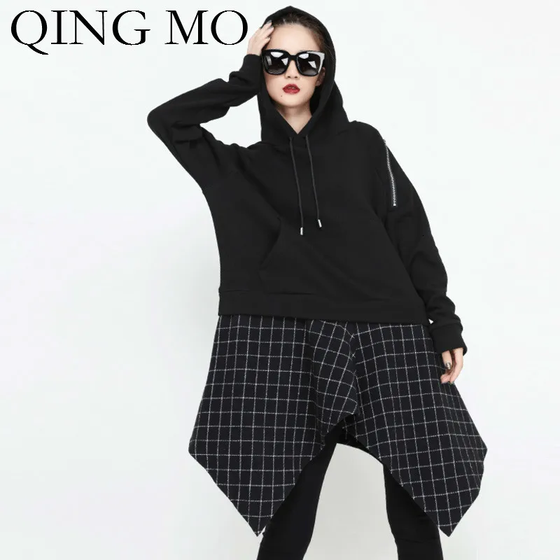 QING MO, черные женские пуловеры, толстовка,, Женская клетчатая Лоскутная Толстовка, Женская Осенняя нестандартная толстовка с капюшоном, ZQY1832