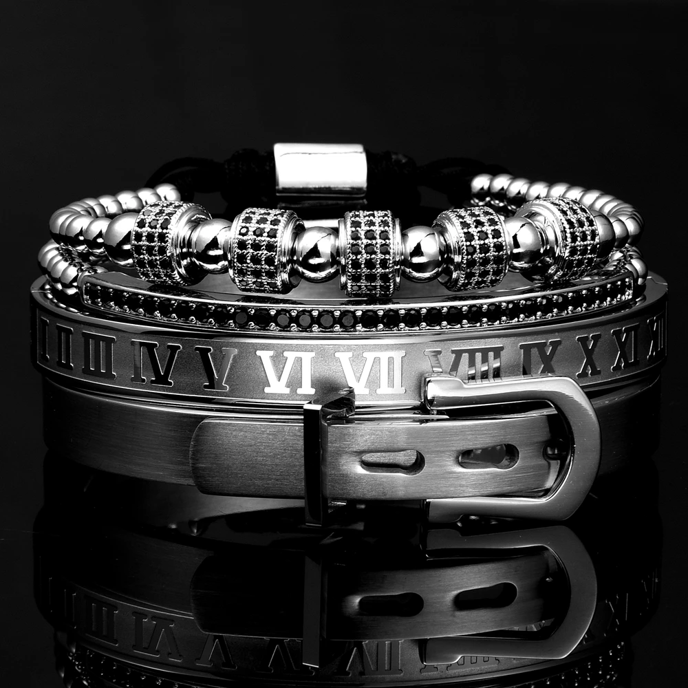 Luxury Mens Stainless Steel Crown Bracelet Set in Black – Heluix