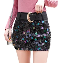 Новинка, Корейская блестящая мини-юбка с поясом, украшенная бисером, Женская осенне-зимняя модная сексуальная кожаная юбка из искусственной кожи, Черная Женская юбка B9N317