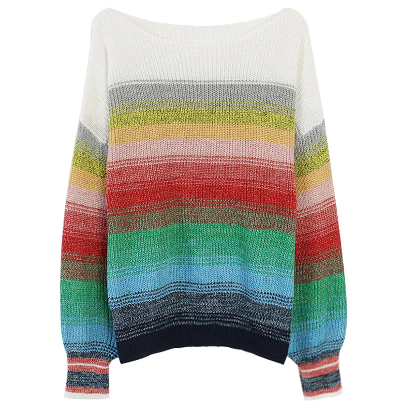 

2019 Autumn and Winter Sweater New Women Suit Striped Round Collar Loose Knitted Women Sweaters and Pullovers