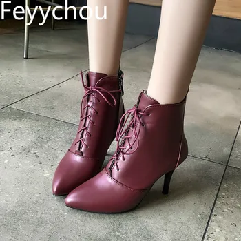

Women's Boots Winter High Heel Warm Pu Ankle Pointed Toe Zip Cross-tied Fashion Boots Basic 2019 New Sexy Casual Black Brown
