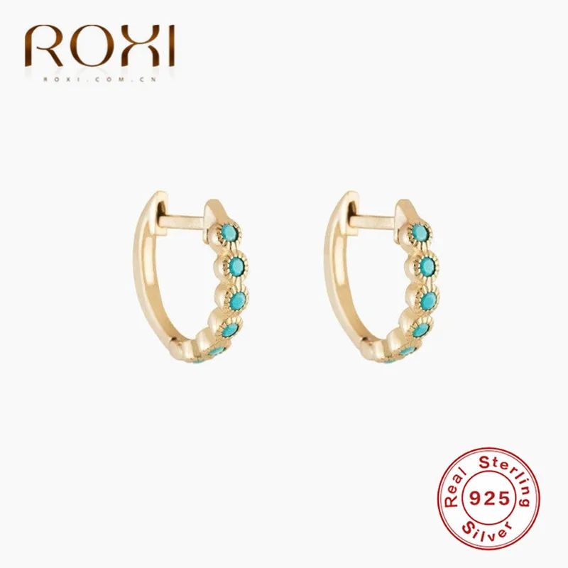 Золотой цвет ROXI 925 пробы серебряные ювелирные изделия u-образный голубой камень маленькие серьги гвоздики для женщин Корея мода женская серьга вечерние подарки - Окраска металла: Золотой цвет
