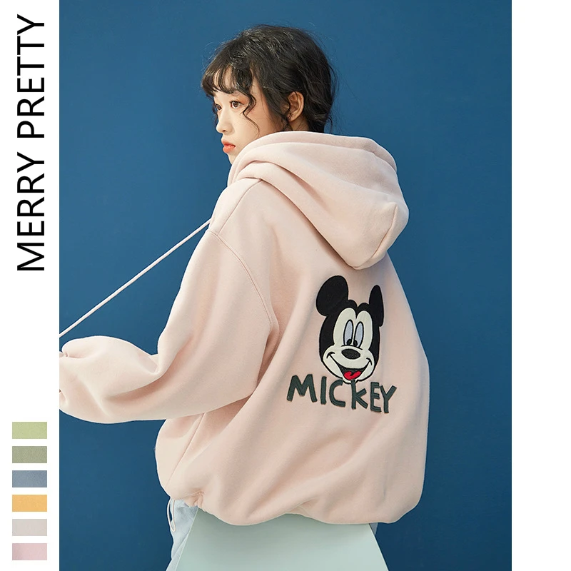Merry Pretty, женские толстовки Harajuku с мультяшной вышивкой, флисовые толстовки, зимние толстые теплые розовые пуловеры с карманами и капюшоном