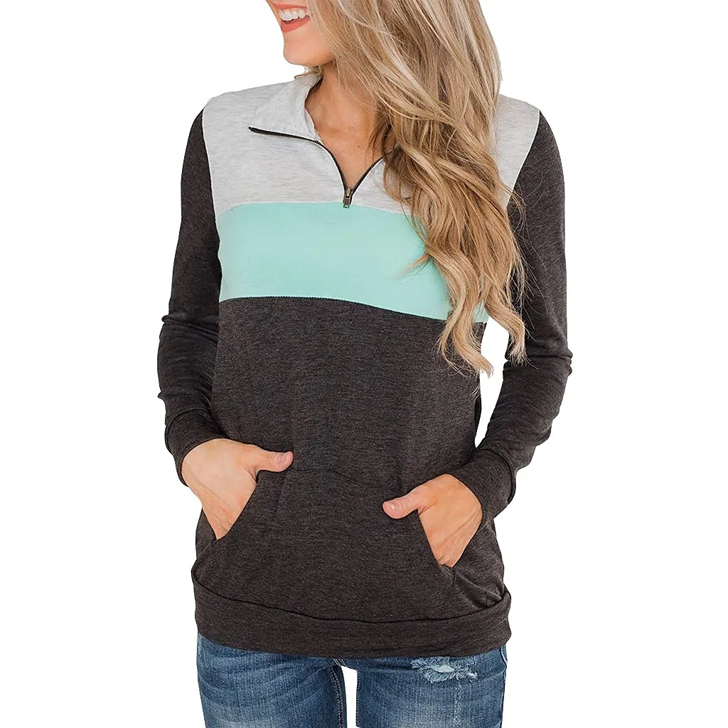 Womail, свитшоты, новинка, Женская Повседневная однотонная Лоскутная Толстовка С Карманами, на осень, на молнии, цветная, с длинным рукавом, туника, толстовка, Sudadera, S-XXL