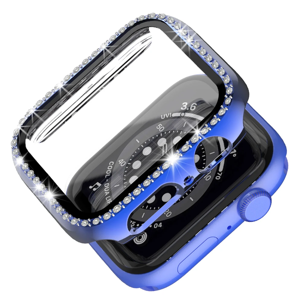 Case+Glass for Apple Watch 45mm 41mm 44mm 40mm 42mm 38mm, Full Cover Bling Crystal Rhinestone Protective Bumper for iWatch7 6 5