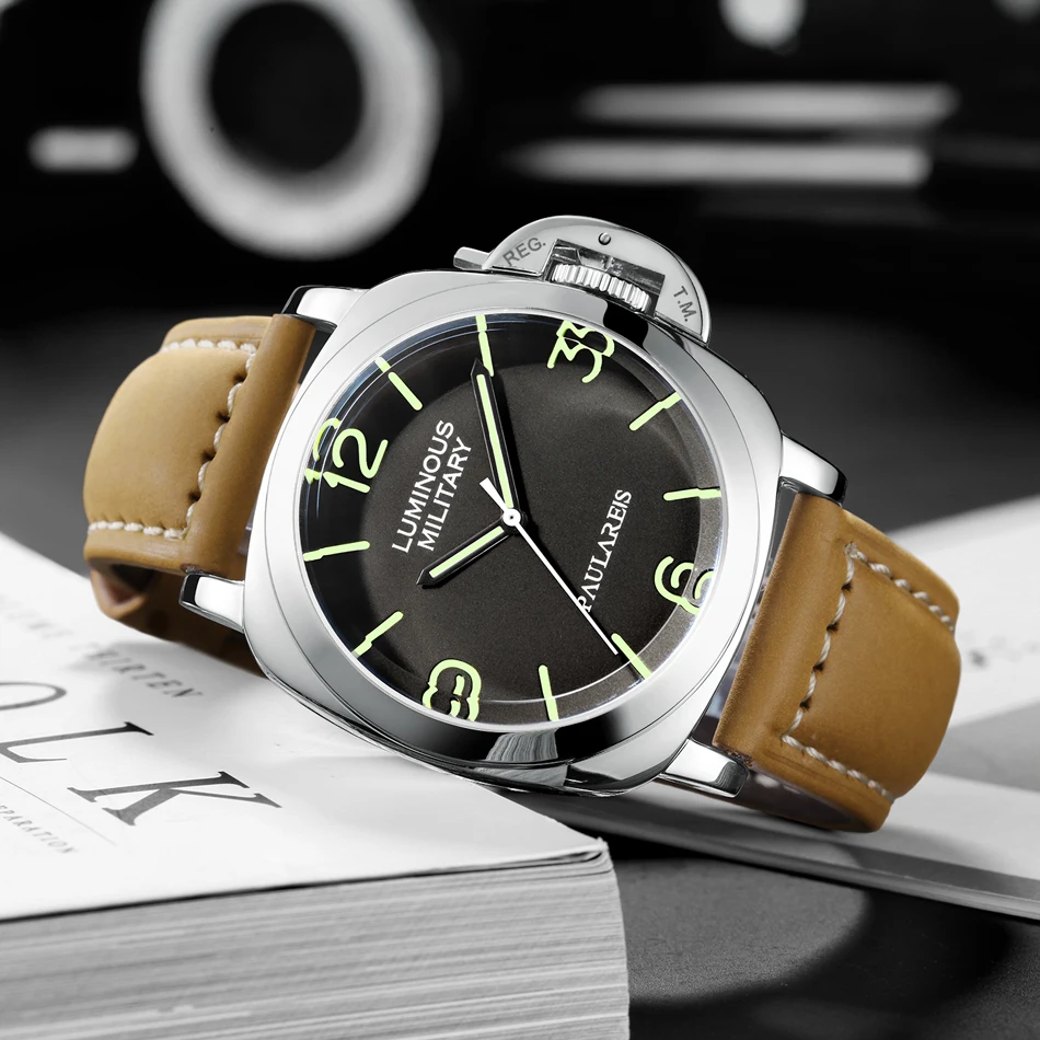 Men Automatic Self Wind Mechanical Genuine Brown Leather Strap Yellow Green Military Luminous 44mm Luxury Rose Gold Watch